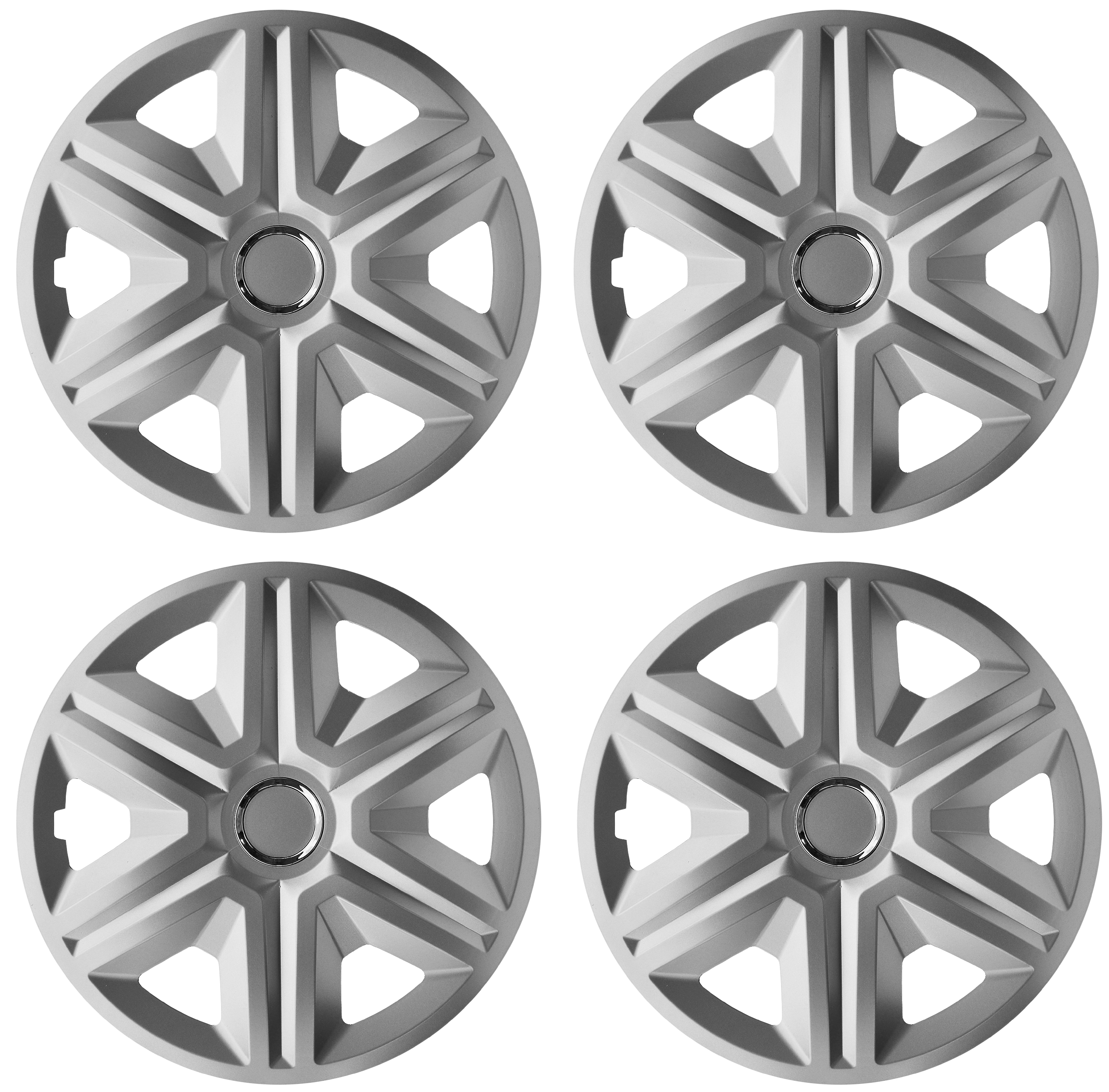 Eine Frontaufnahme des 4er Set Radkappen Modell RKK21 in silber.