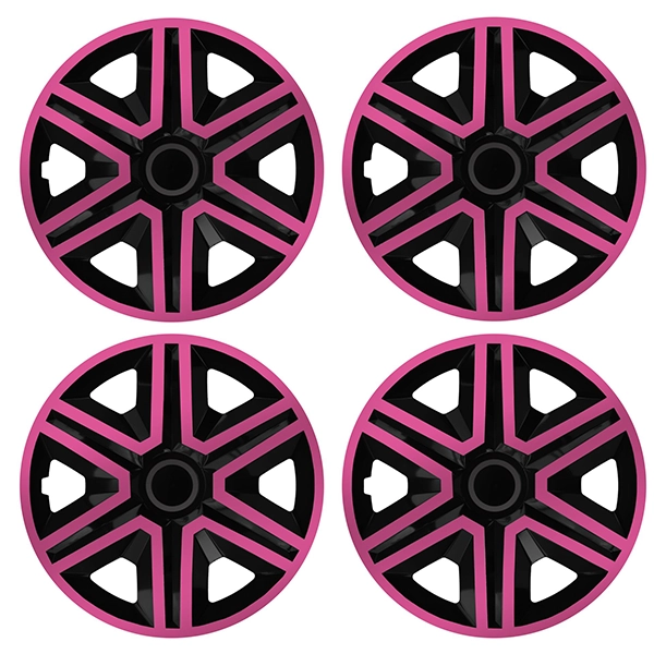 Eine Frontaufnahme des 4er Set Radkappen Modell RKK20 in schwarz-pink.