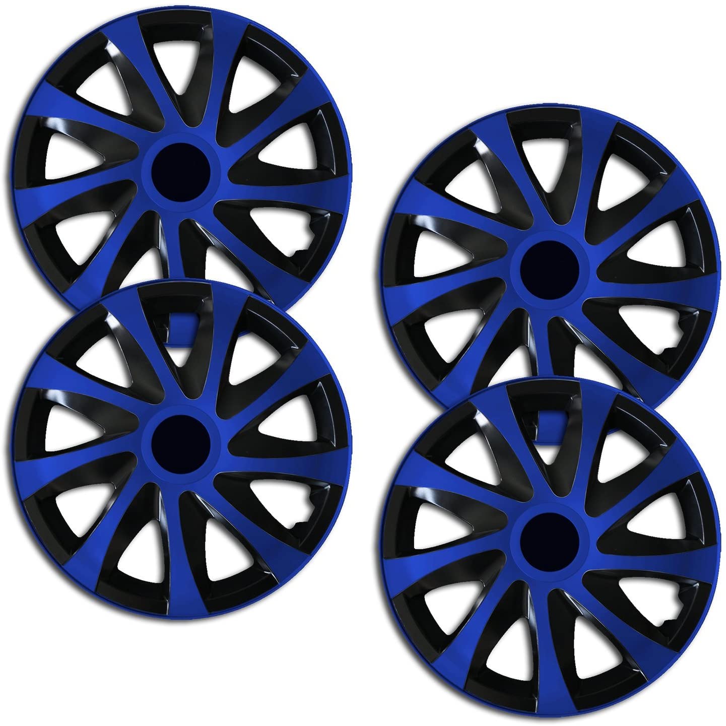 Eine Frontaufnahme des 4er Set Radkappen Modell RKK04 in Eine Frontaufnahme des 4er Set Radkappen Modell RKK04 in schwarz-blau.schwarz-silber.