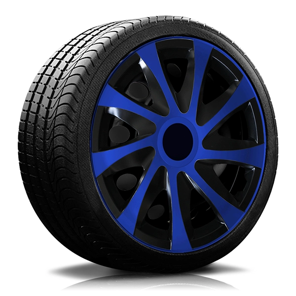 Ein Reifen mit Felge, auf der eine Radkappe des Modells RKK04 schwarz-blau ist.