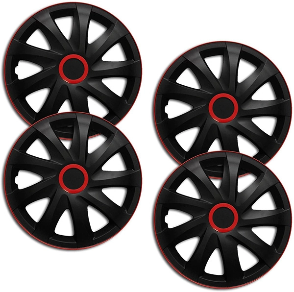 Eine Frontaufnahme des 4er Set Radkappen Modell RKK04 in schwarz-rot Race