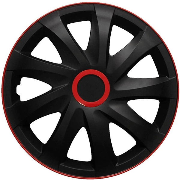 Eine Frontaufnahme der Radkappe Modell RKK04 in schwarz-rot Race.