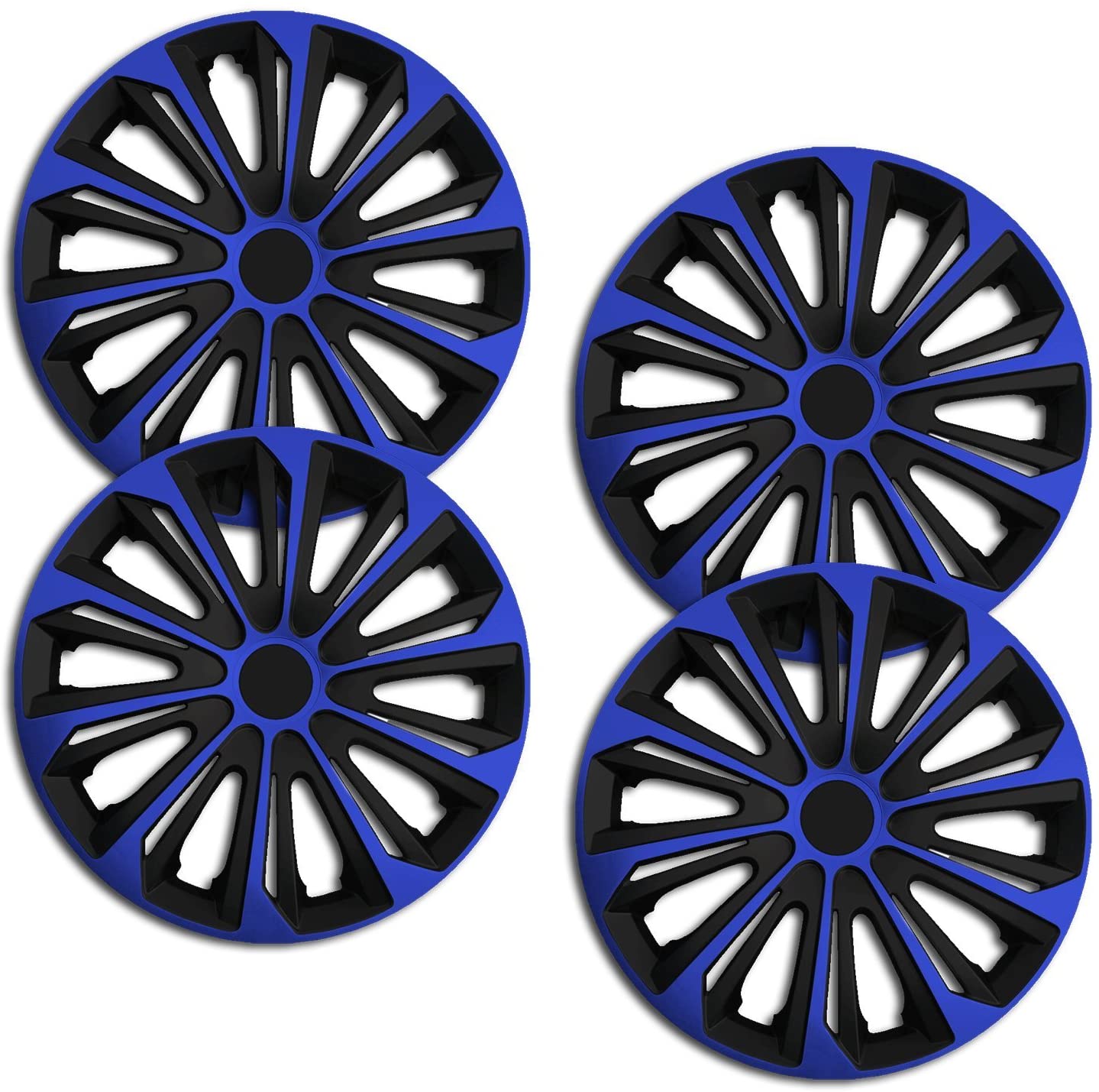 Eine Frontaufnahme des 4er Set Radkappen Modell RKK06 in schwarz-blau.