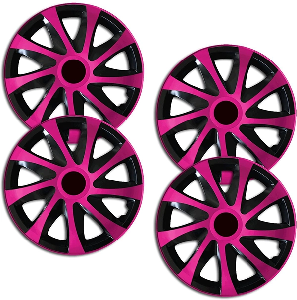 Eine Frontaufnahme des 4er Set Radkappen Modell RKK04 in schwarz-pink.