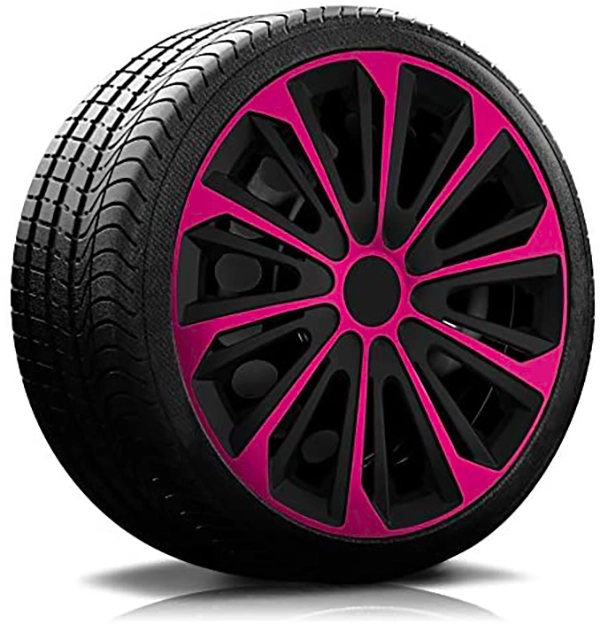 Ein Reifen mit Felge, auf der eine Radkappe des Modells RKK06 schwarz-pink ist.
