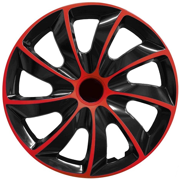 Eine Frontaufnahme der Radkappe Modell RKK02 in schwarz-rot.