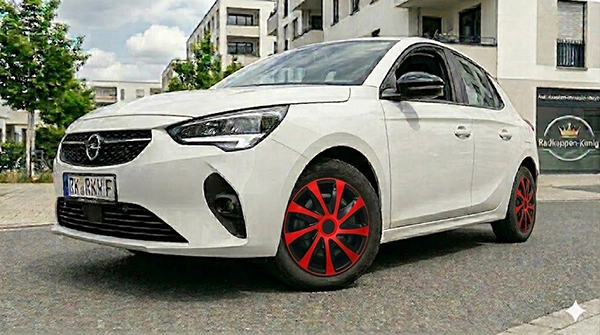 Rote 16 Zoll Radzierblenden montiert auf Opel Corsa