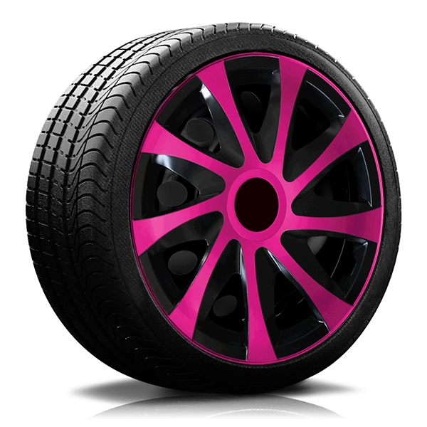 Ein Reifen mit Felge, auf der eine Radkappe des Modells RKK04 schwarz-pink ist.