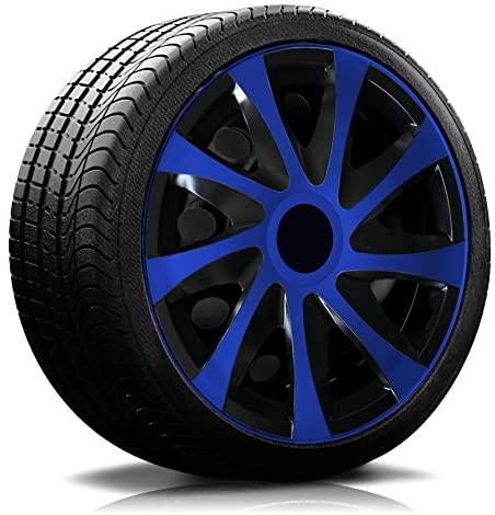 Ein Reifen mit Felge, auf der eine Radkappe des Modells RKK04 schwarz-blau ist.