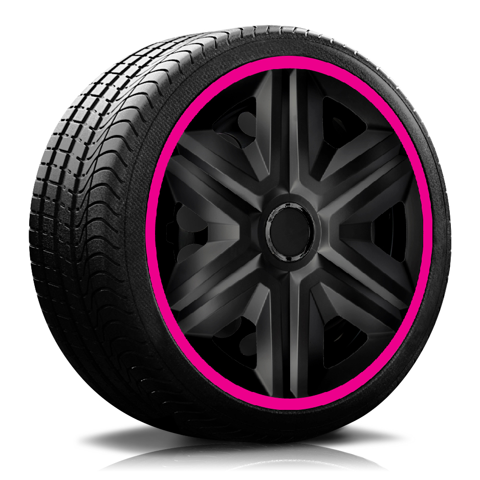 Ein Reifen mit Felge, auf der eine Radkappe des Modells RKK21 schwarz-pink ist.