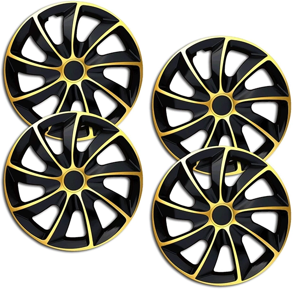 Eine Frontaufnahme des 4er Set Radkappen Modell RKK02 in schwarz-gold.