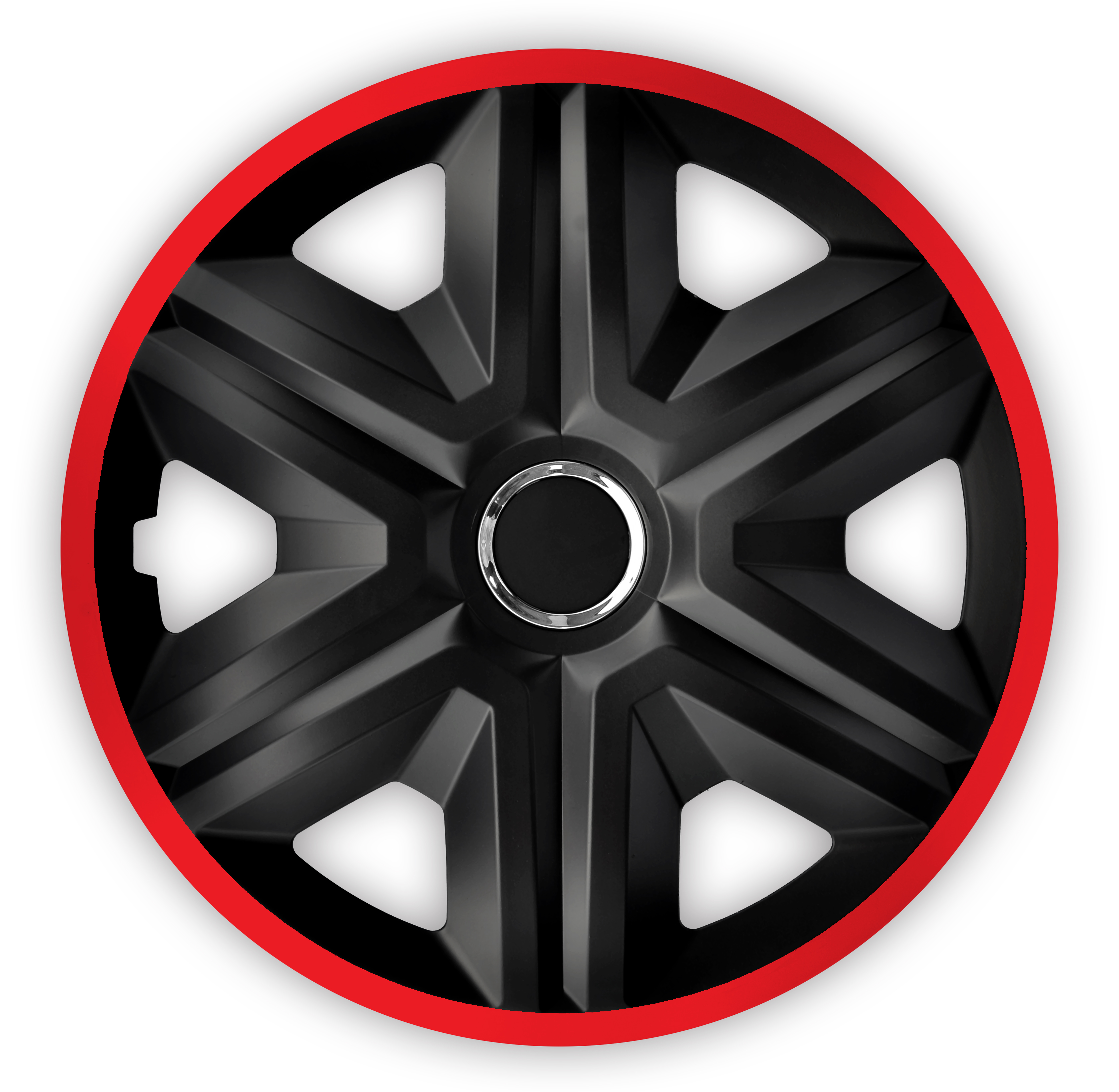 Eine Frontaufnahme der Radkappe Modell RKK21 in schwarz-rot.