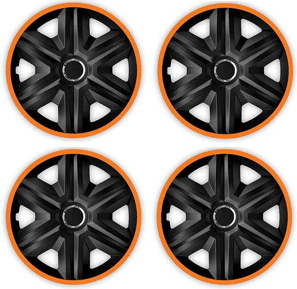 Eine Frontaufnahme des 4er Set Radkappen Modell RKK21 in schwarz-orange.