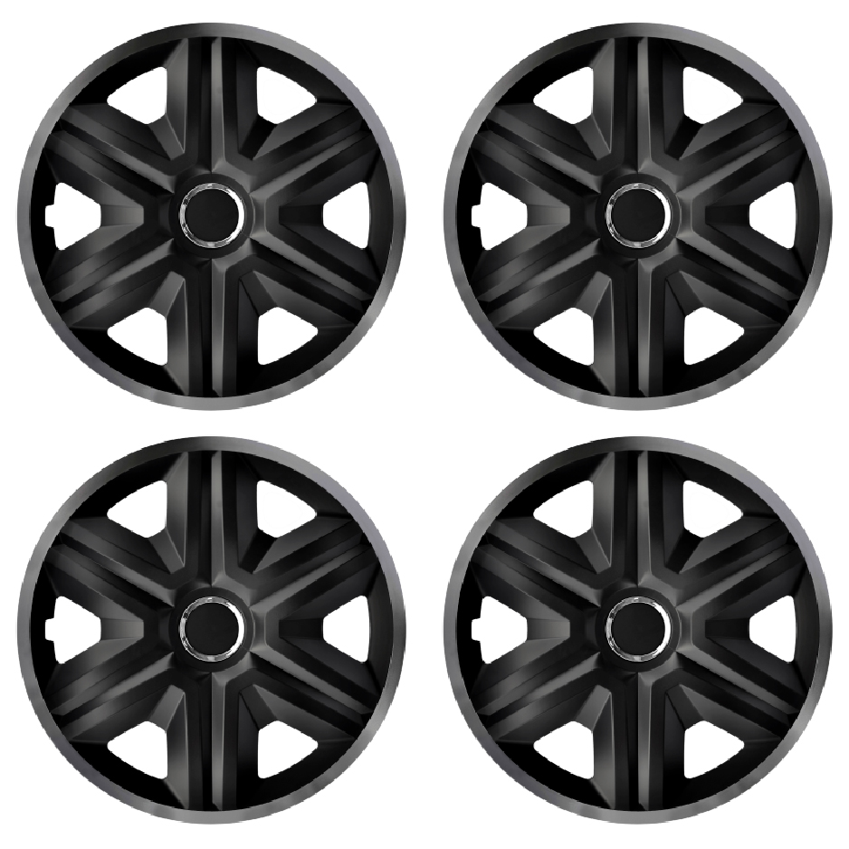 Eine Frontaufnahme des 4er Set Radkappen Modell RKK21 in schwarz-graphit.