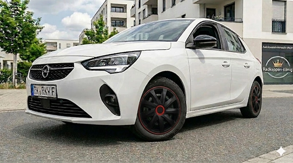 schwarz-Rote 16 Zoll Radzierblenden montiert auf Opel Corsa