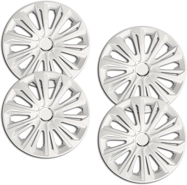 Eine Frontaufnahme des 4er Set Radkappen Modell RKK06 in weiss.