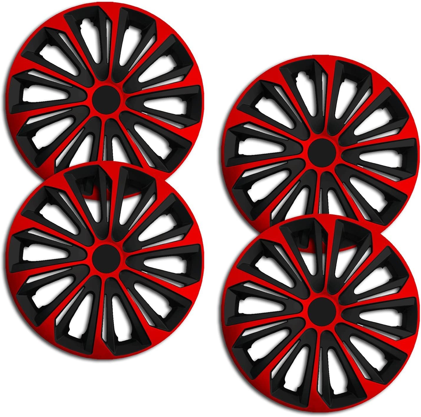 Eine Frontaufnahme des 4er Set Radkappen Modell RKK06 in schwarz-rot.