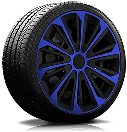 Ein Reifen mit Felge, auf der eine Radkappe des Modells RKK06 schwarz-blau ist.