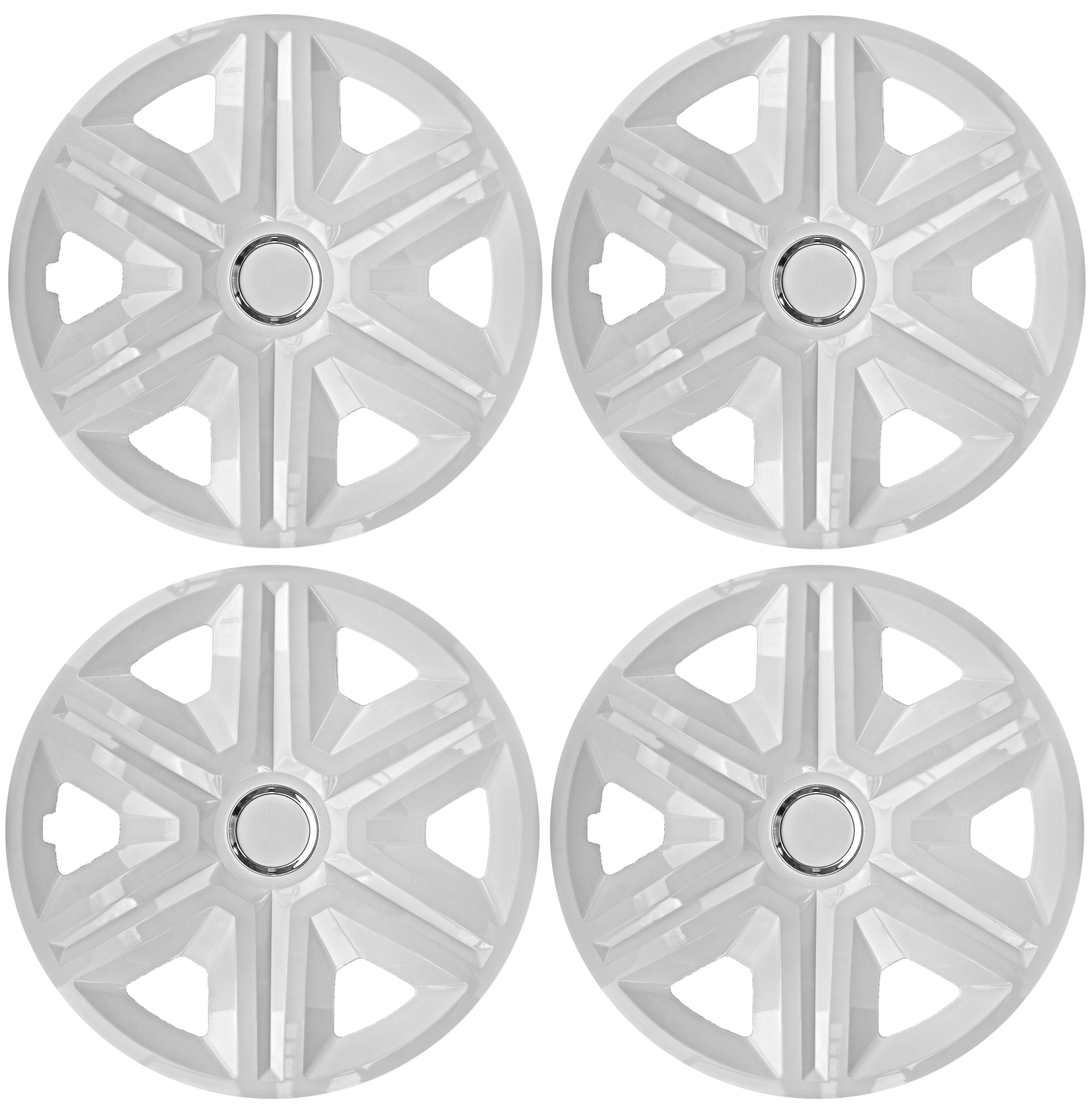 Eine Frontaufnahme des 4er Set Radkappen Modell RKK21 in weiss.