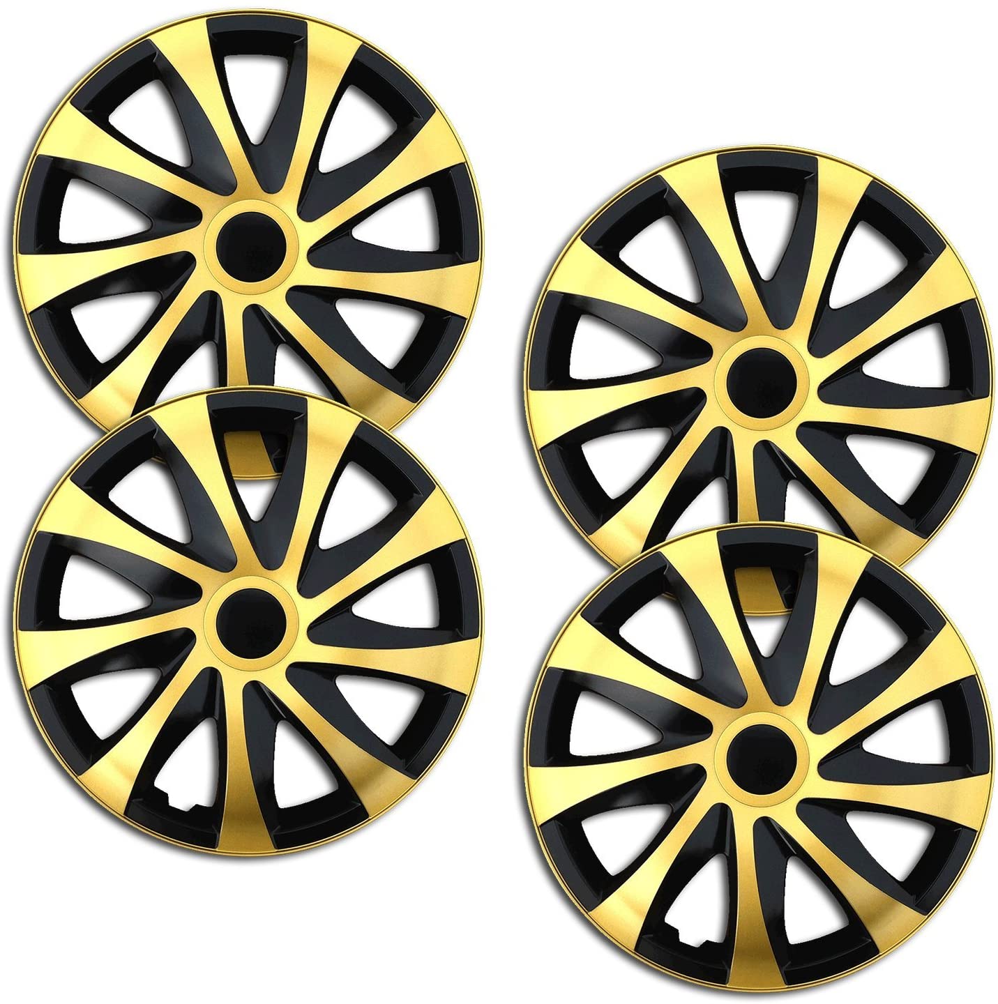 Eine Frontaufnahme des 4er Set Radkappen Modell RKK04 in schwarz-gold.