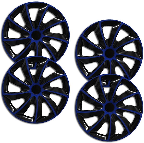 Eine Frontaufnahme des 4er Set Radkappen Modell RKK02 in schwarz-blau.