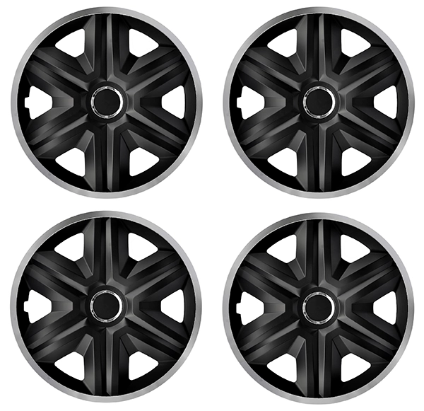 Eine Frontaufnahme des 4er Set Radkappen Modell RKK21 in schwarz-silber.