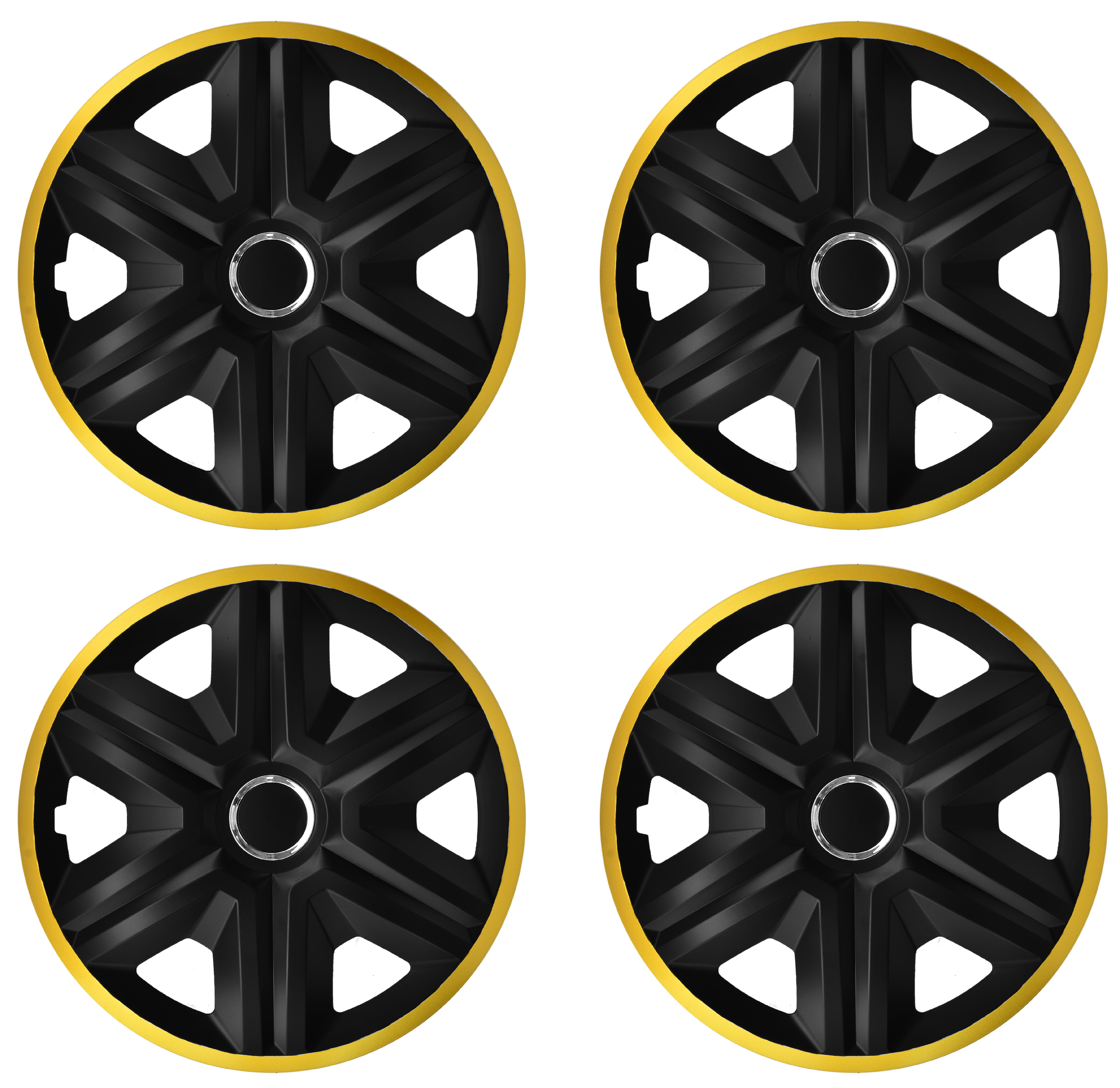 Eine Frontaufnahme des 4er Set Radkappen Modell RKK21 in schwarz-gold.