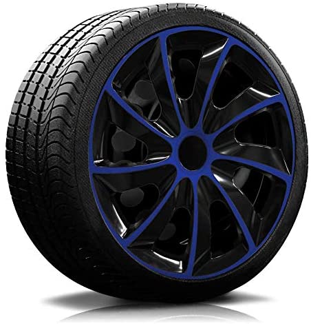 Ein Reifen mit Felge, auf der eine Radkappe des Modells RKK02 schwarz-blau ist.