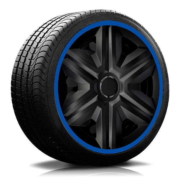 Ein Reifen mit Felge, auf der eine Radkappe des Modells RKK21 schwarz-blau ist.