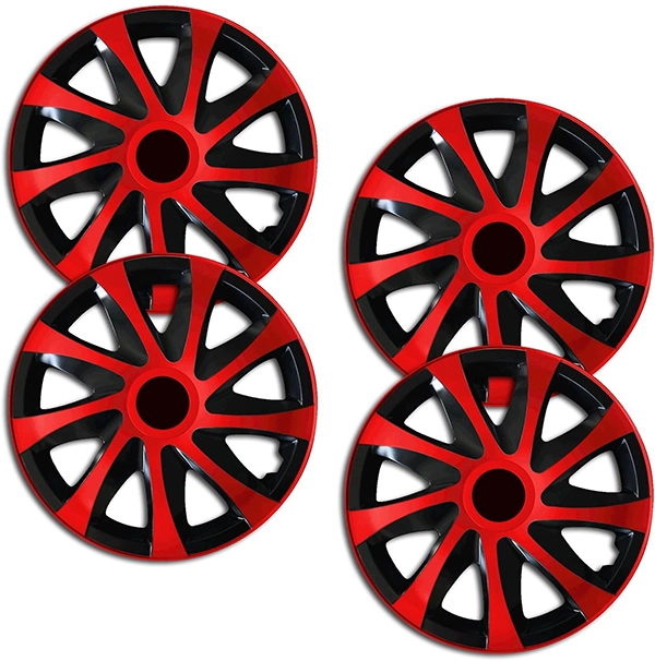 Eine Frontaufnahme des 4er Set Radkappen Modell RKK04 in schwarz-rot.