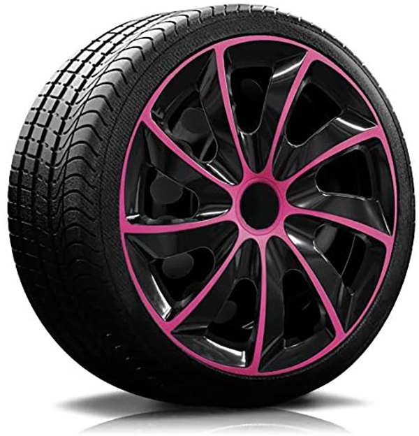 Ein Reifen mit Felge, auf der eine Radkappe des Modells RKK02 schwarz-pink ist.