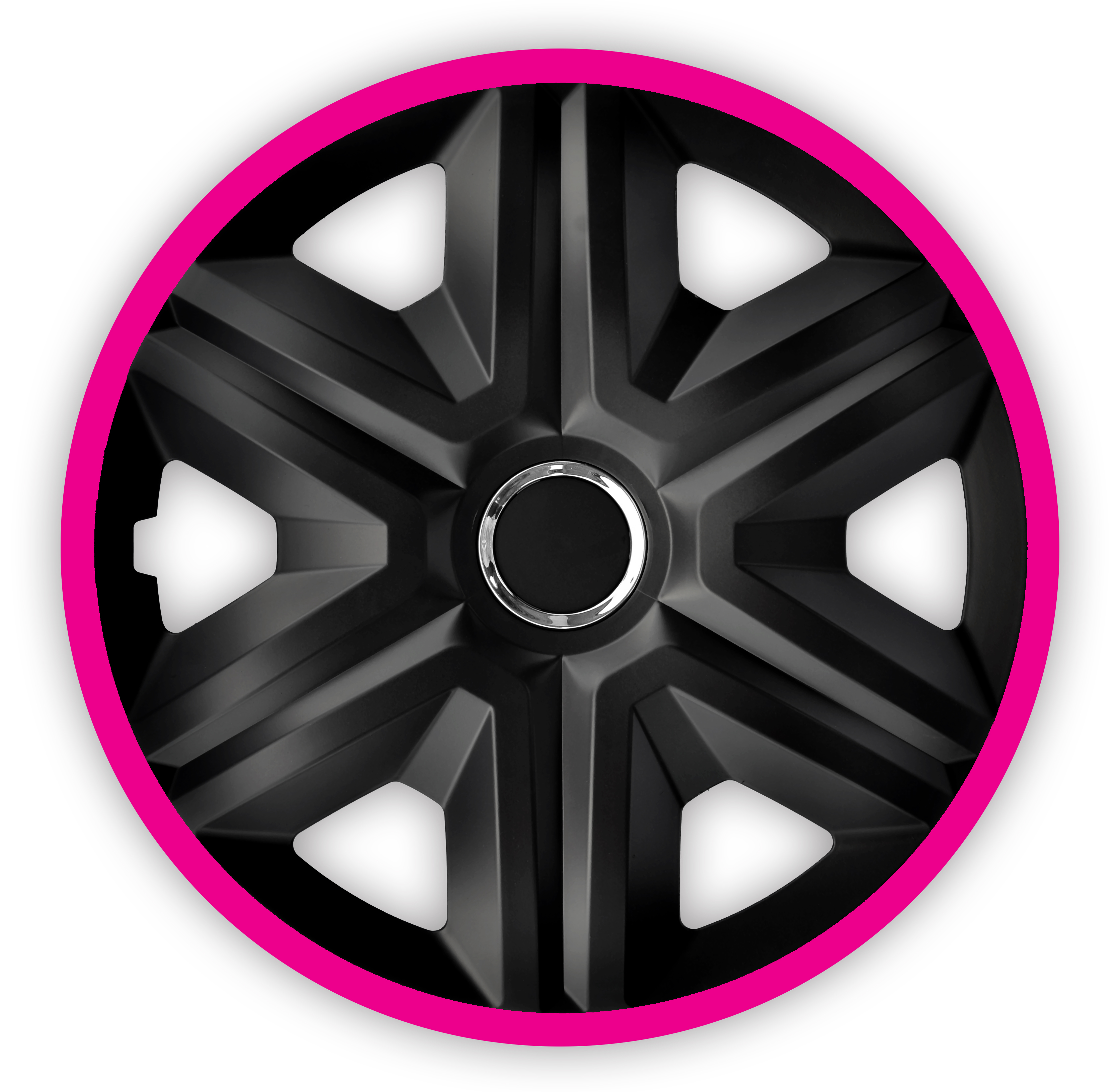 Eine Frontaufnahme der Radkappe Modell RKK21 in schwarz-pink.