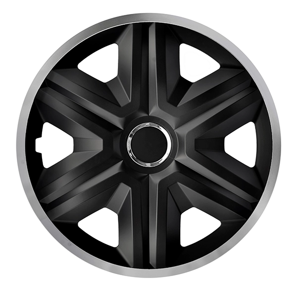 Eine Frontaufnahme der Radkappe Modell RKK21 in schwarz-silber.
