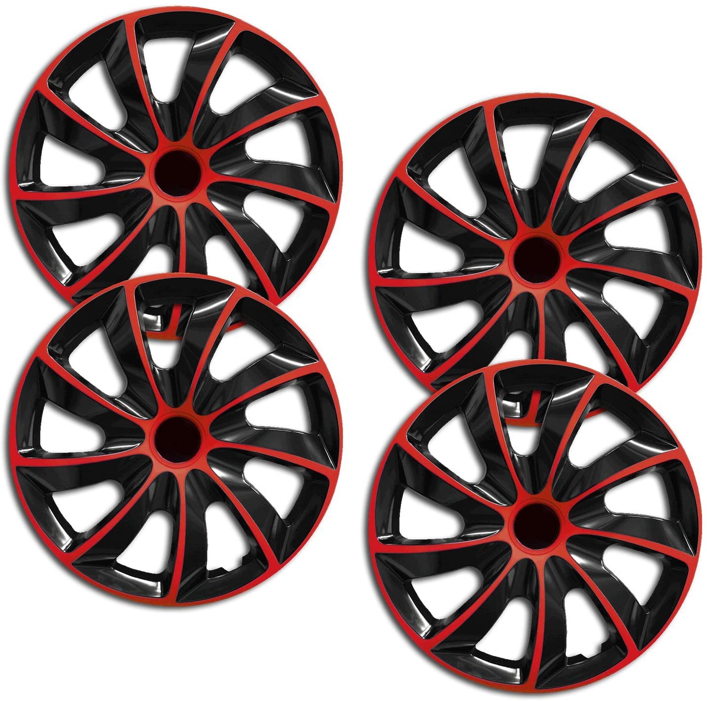 Eine Frontaufnahme des 4er Set Radkappen Modell RKK02 in schwarz-rot.