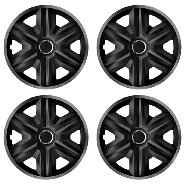 Eine Frontaufnahme des 4er Set Radkappen Modell RKK21 in schwarz-graphit.