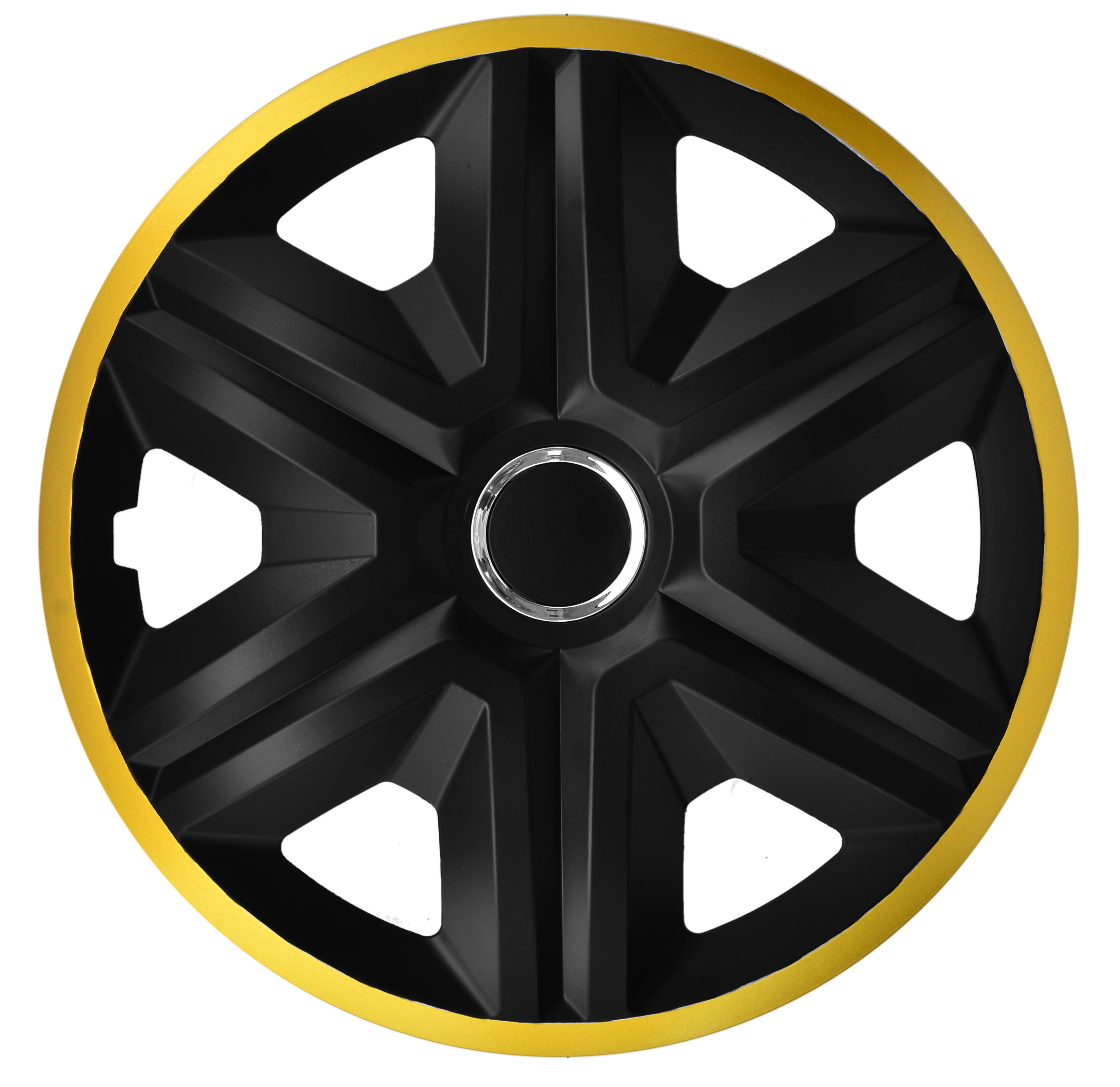 Eine Frontaufnahme der Radkappe Modell RKK21 in schwarz-gold.