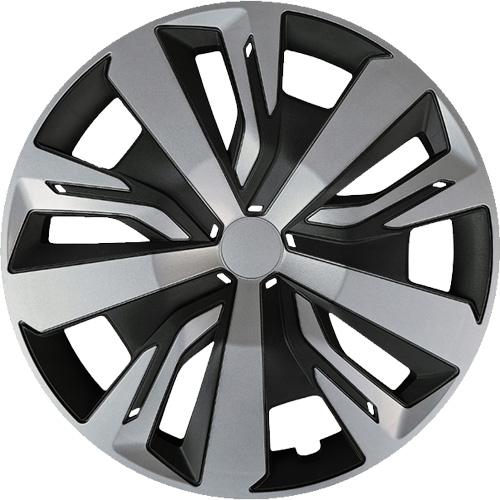 Eine Frontaufnahme der Radkappe Modell RKK18 in schwarz-silber.