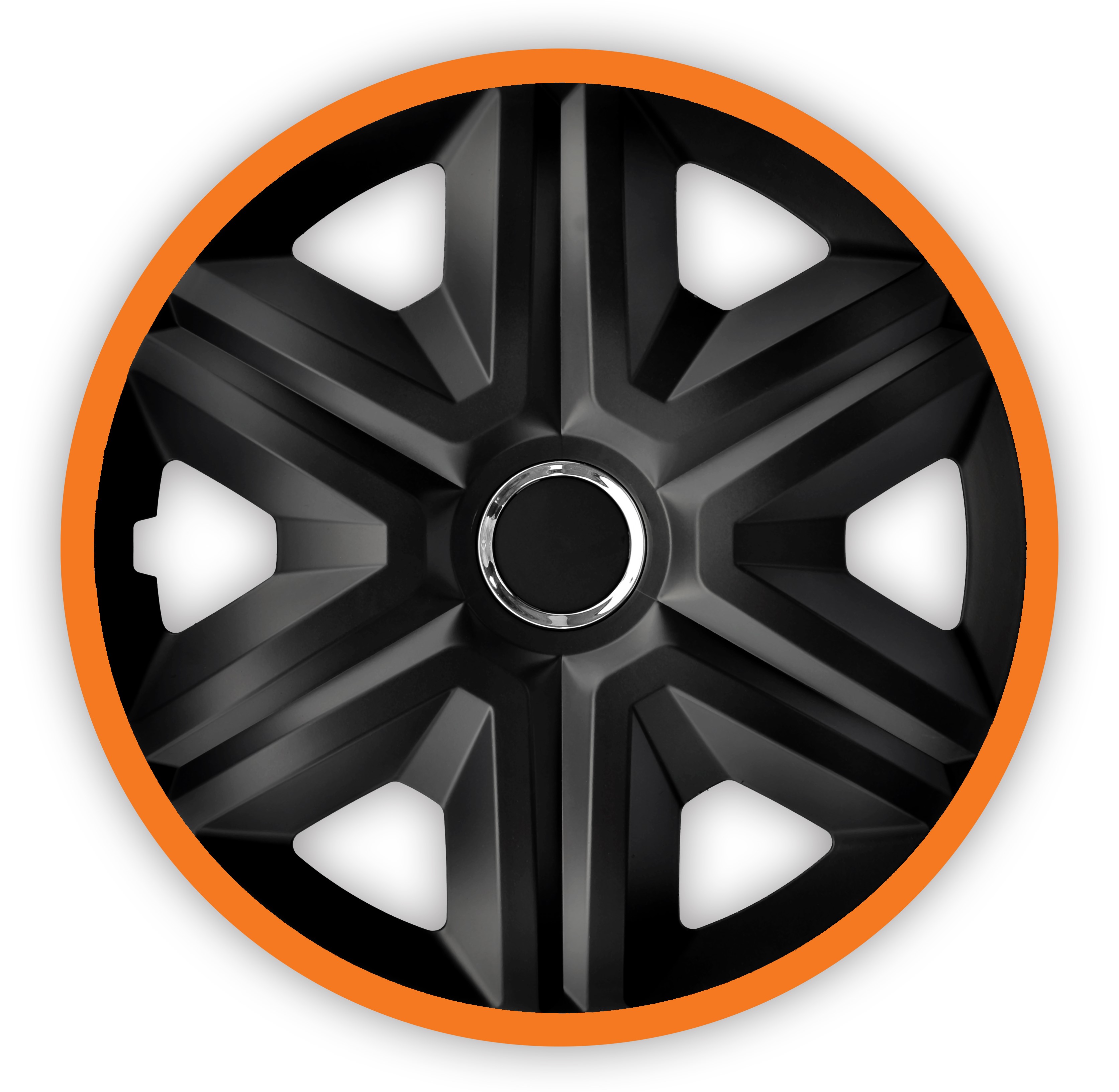 Eine Frontaufnahme der Radkappe Modell RKK21 in schwarz-orange.
