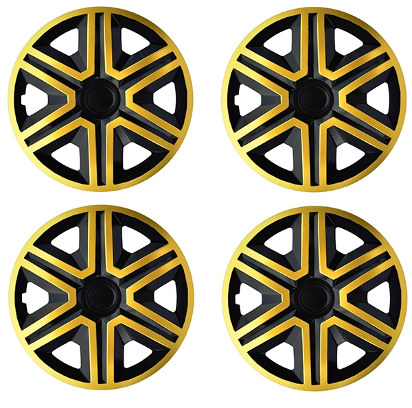 Eine Frontaufnahme des 4er Set Radkappen Modell RKK20 in schwarz-gold.