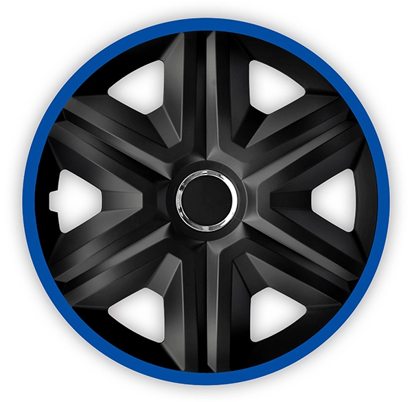 Eine Frontaufnahme der Radkappe Modell RKK21 in schwarz-blau.