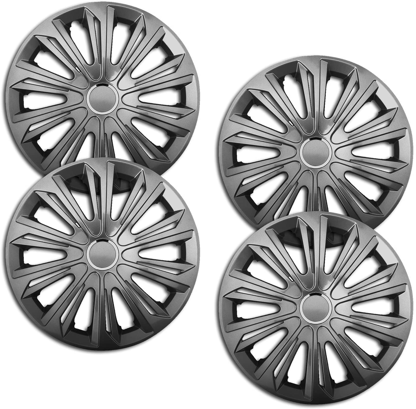 Eine Frontaufnahme des 4er Set Radkappen Modell RKK06 in graphit.