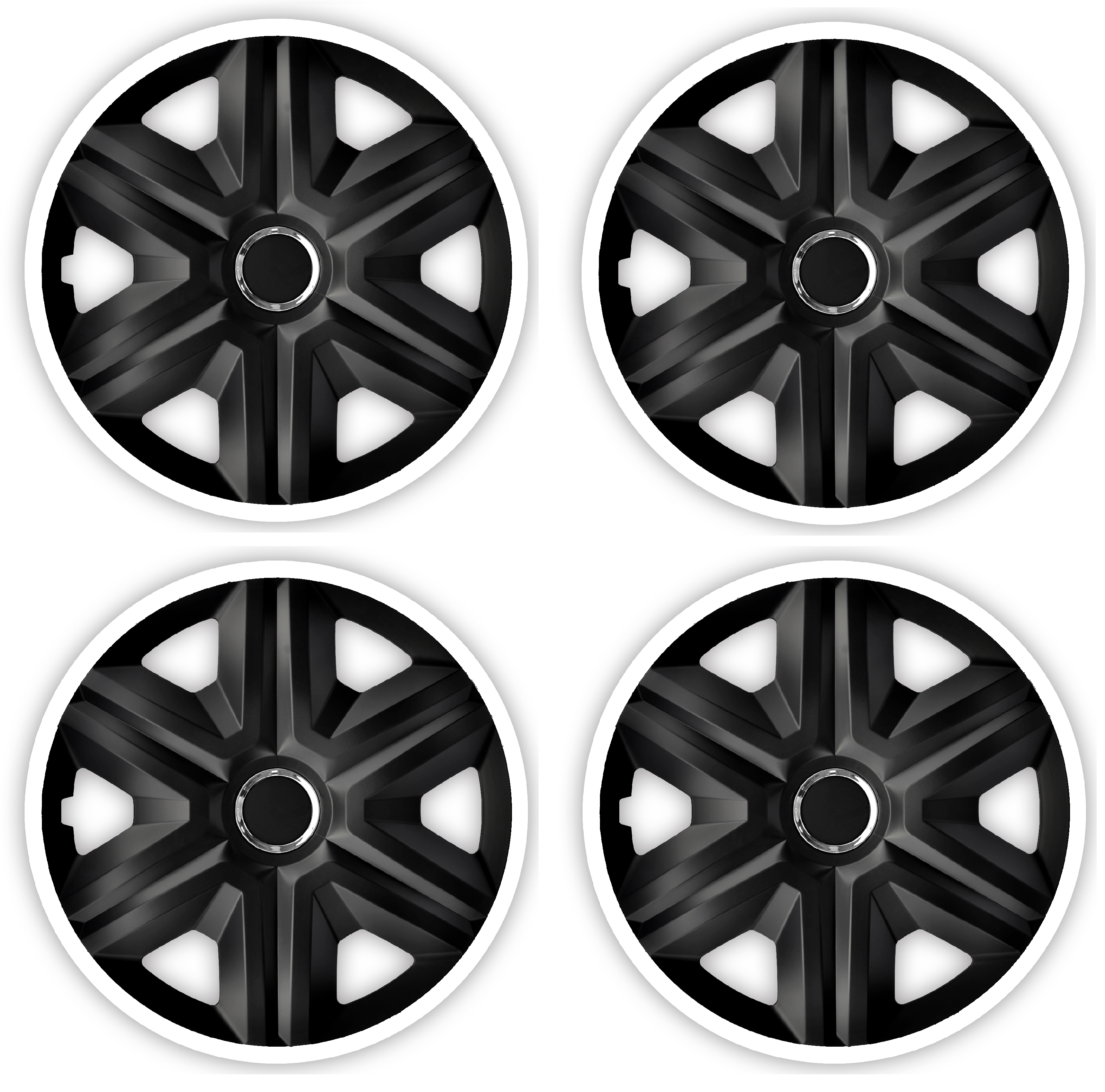 Eine Frontaufnahme des 4er Set Radkappen Modell RKK21 in schwarz-weiss.