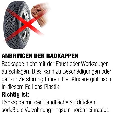 Anbau Hinweiss Radkappen Koenig schlagen Eine Faust, die auf eine Radkappe schlaegt. Der Hinweis, dass man nicht auf die Radkappen schlaegt.