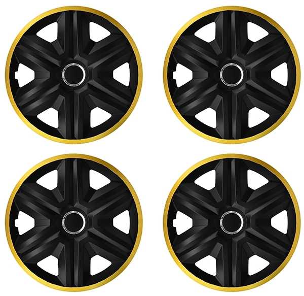 Eine Frontaufnahme des 4er Set Radkappen Modell RKK21 in schwarz-gold.