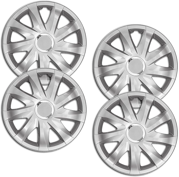 Eine Frontaufnahme des 4er Set Radkappen Modell RKK01 in silber.