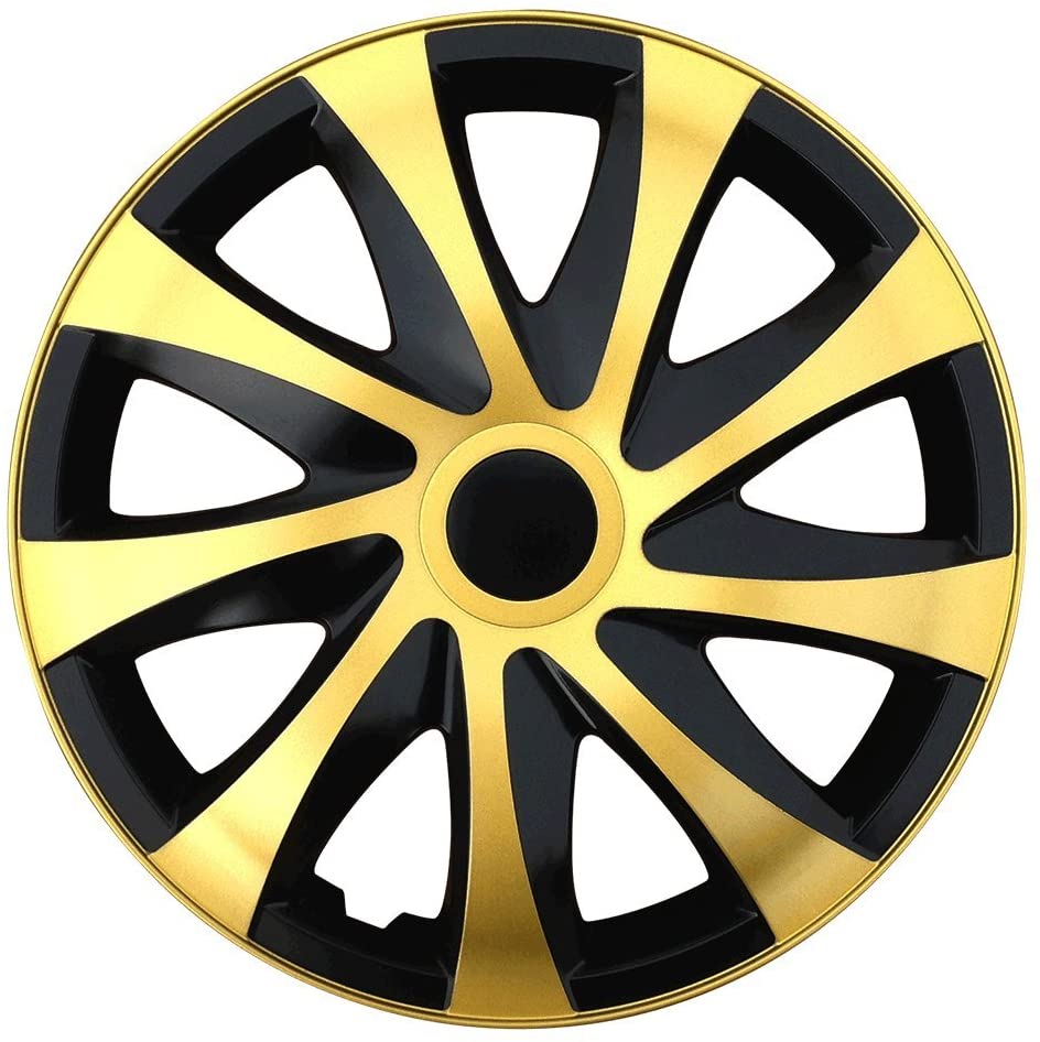 Eine Frontaufnahme der Radkappe Modell RKK04 in schwarz-gold.
