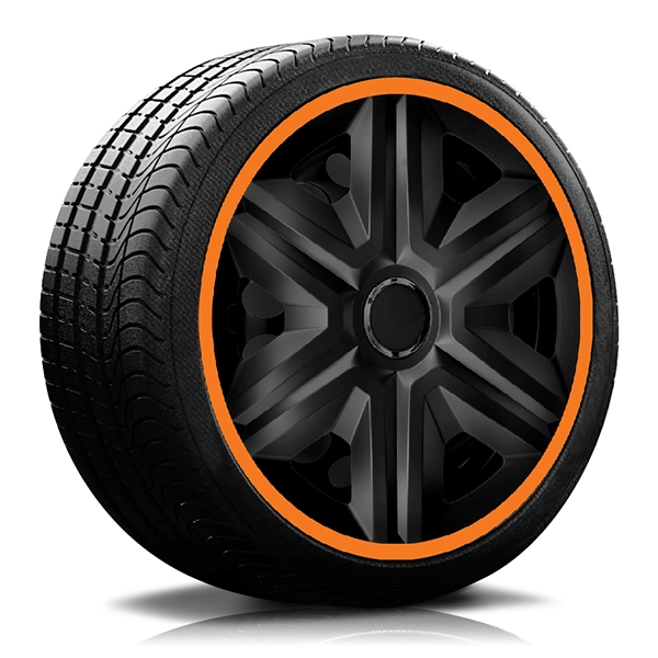 Ein Reifen mit Felge, auf der eine Radkappe des Modells RKK21 schwarz-orange ist.