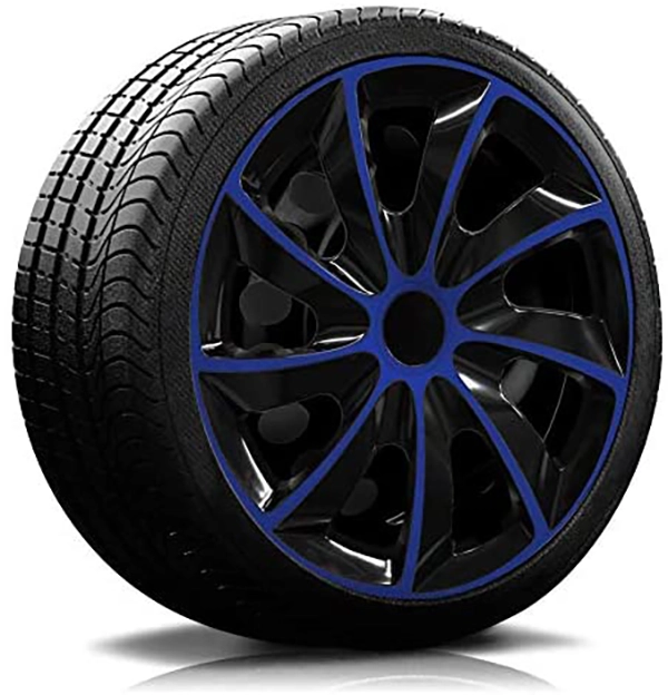 Ein Reifen mit Felge, auf der eine Radkappe des Modells RKK02 schwarz-blau ist.