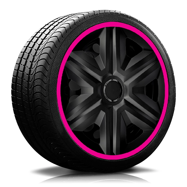 Ein Reifen mit Felge, auf der eine Radkappe des Modells RKK21 schwarz-pink ist.