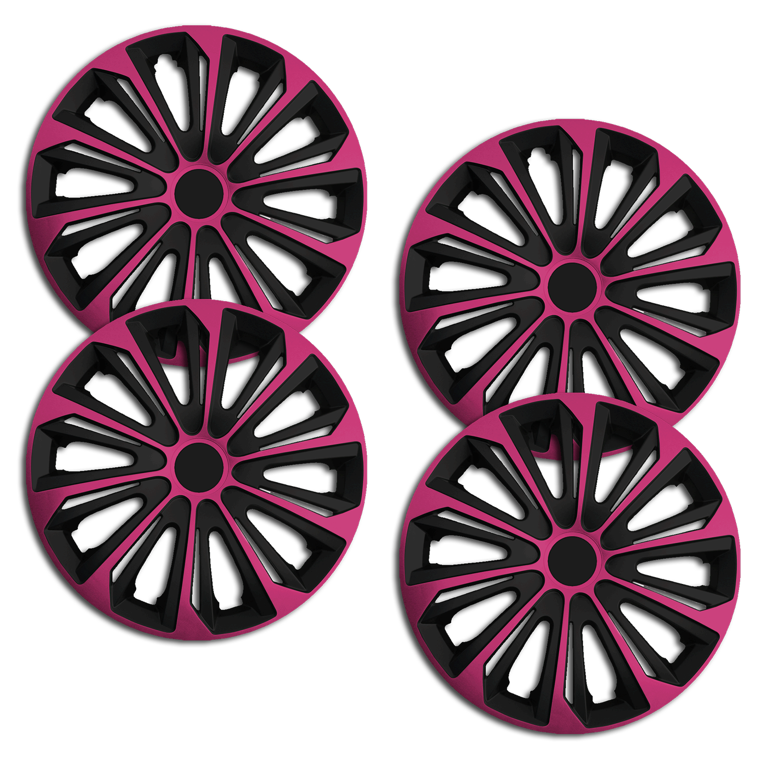 Eine Frontaufnahme des 4er Set Radkappen Modell RKK06 in schwarz-pink.
